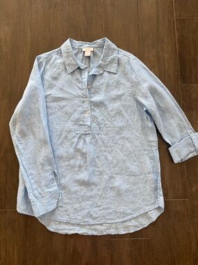 St. Tropez West 100% Linen Solid Blue  Collard Tunic Blouse Roll Tab Sleeve XL
